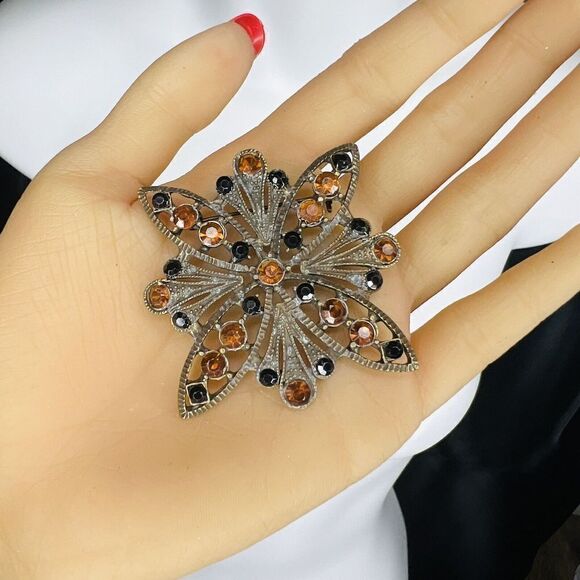 Vintage Victorian Style Filigree Brooch Silver Black Amber Tone Rhinestones 4053 - Picture 3 of 9